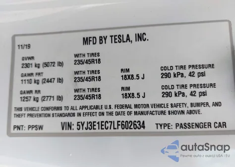 2020 Tesla Model 3 Performance Dual Motor All-Wheel Drive from USA, damaged, VIN 5YJ3E1EC7LF602634